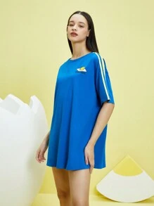 Gudetama X SHEIN 夏季卡通和字母圖形對比條紋側顛TEE連衣裙 - 寶藍色 - 查看 6