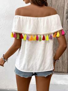 Breezaya Off-Shoulder Shirt With Tassel Fringe Decoration - أبيض - مشاهدة 2