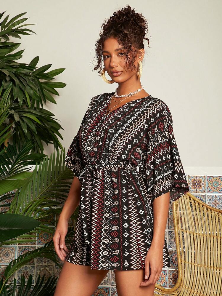Vacation Woven Loose Fit Women's Geometric Print Romper