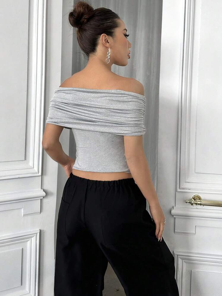 SHEIN Unity Solid Color Slim Fit Ruched Off Shoulder T-Shirt, Going Out Top - Grey - View 2