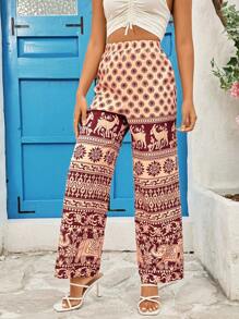 SHEIN LUNE Women's Elastic Waist Flower & Animal Pattern Printed Pants - Multicolor - View 6