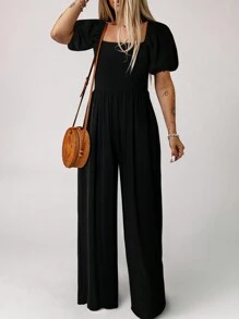 Acelitt 女士简约纯色圆领短袖连体裤，宽松版型，休闲日常穿着，黑色 - 黑色 - 查看 3