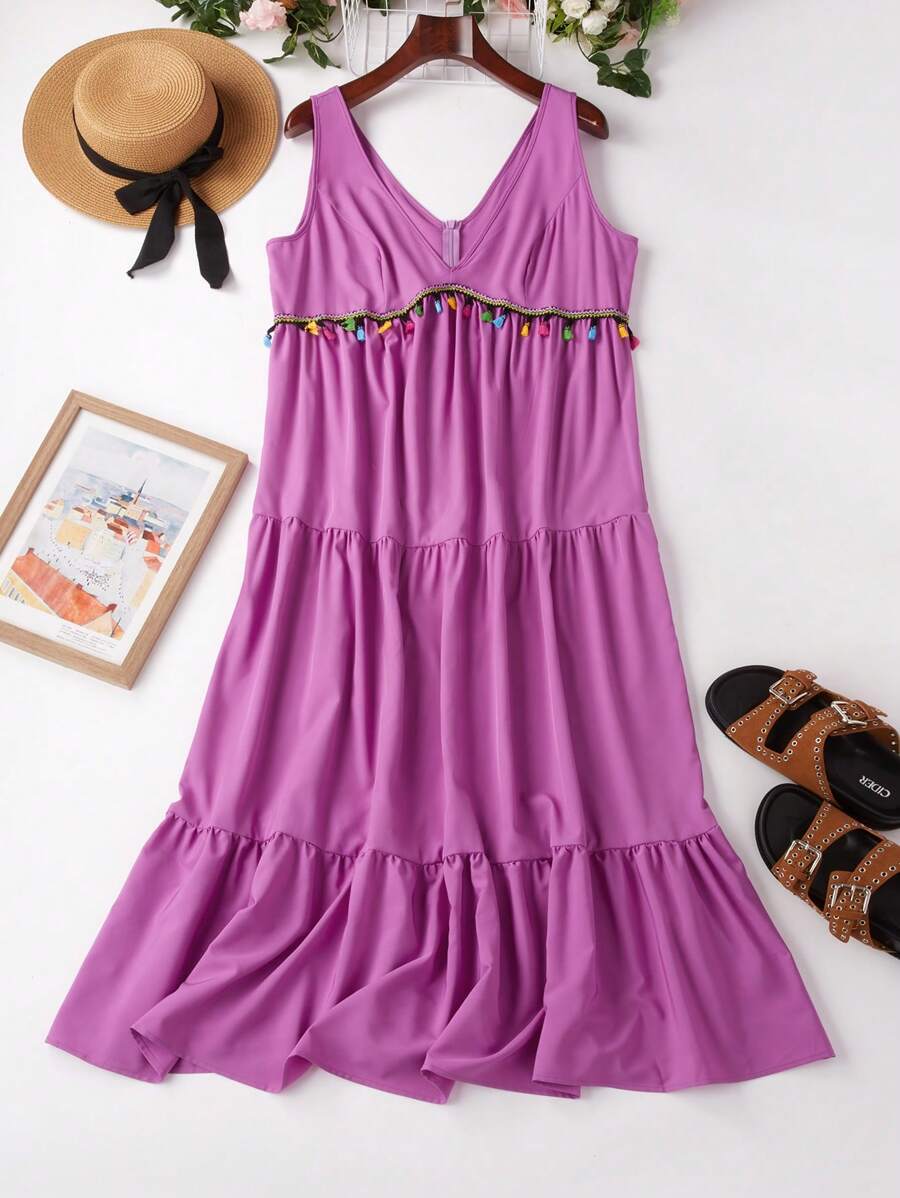 SHEIN LUNE Plus Size Fringed V-Neck Dress With Ruffle Hem And Tassel Decorations - Purple - View 1