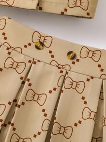 SHEIN Elladie kids 女童蝴蝶结印花领无袖上衣和百褶裙 - 棕色 - 查看 8