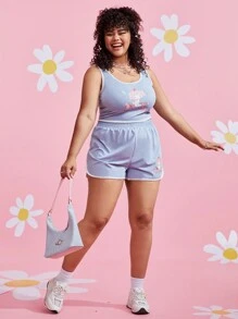 HELLO KITTY AND FRIENDS | SHEIN Plus Cartoon And Letter Graphic Ringer Tank Top & Shorts - Baby Blue - View 1
