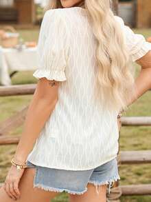 Women's Summer Solid Round Neck Puff Sleeve Casual Blouse - White - View 6
