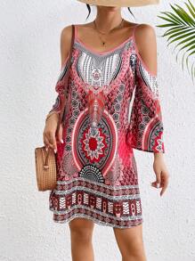 Breezaya Women's Open Shoulder Floral Printed Dress For New Year Clothes Vacation Beach Outfit - Red - View 5