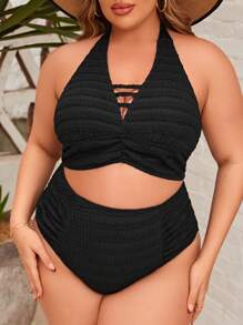 SHEIN Swim Curve Plus Size Solid Color V-Neck Halter Bikini Set Summer - Black - View 5