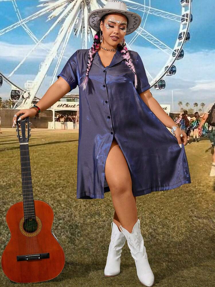 Plus Size Women's Short Sleeve Shirt Dress With Single Breasted Closure