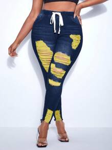 SHEIN SXY Kích thước lớn Khối màu Đau khổ Thon gọn Quần jean - Rửa tối - Xem 1