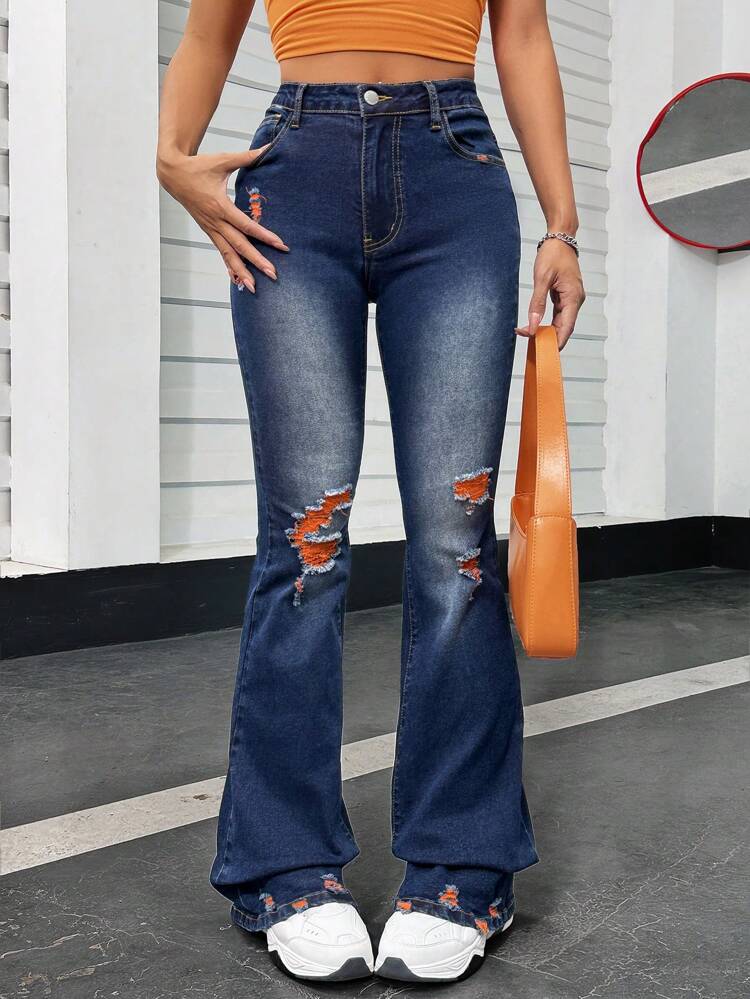 Washed & Ripped Flared Jeans