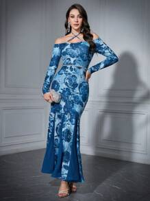 Modelyn 女士花卉印花露肩交叉肩带挂脖连衣裙长款晚礼服 - 彩色 - 查看 7