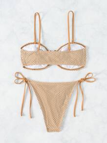 SHEIN Swim 女士菱形网眼镂空比基尼套装夏季海滩 - 卡其色 - 查看 7