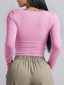 SHEIN BAE Women's Casual Solid Color Long Sleeve T-Shirt, Versatile For Winter - Pink - View 2