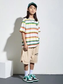 SHEIN Con trai Hàn Quốc Phong cách Đầy màu sắc dễ thương Sọc Chi tiết vá Vòng cổ Áo chui đầu Dệt kim Ngắn tay Áo thun - Nhiều màu - Xem 5