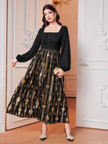 Modelyn Women'S Square Neck Button Decorated Lantern Sleeve Dress - Black - View 6