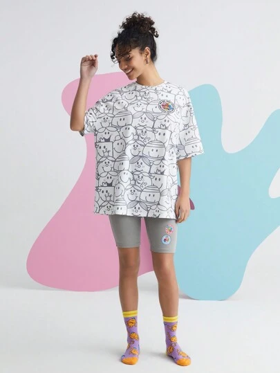 Mr Men Little Miss X SHEIN Women's Cartoon Print Drop Shoulder Pajama Set