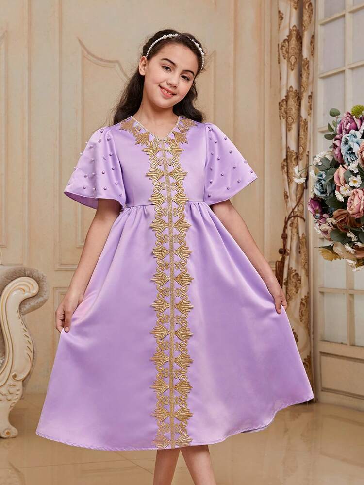 Tween Girls' Loose Cute V-Neck Geometric Patterned Belted Midi Dress