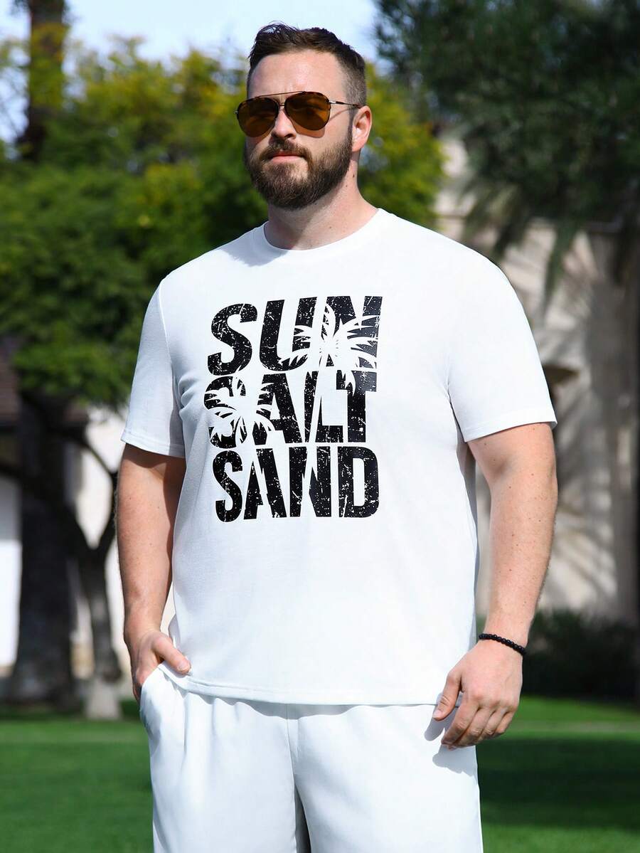 Manfinity RSRT 男士椰子樹和字母印花大尺碼 T 卹 - 白色 - 查看 1
