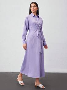 Mulvari Women's Solid Color Batwing Sleeve Tie Waist Dress - Purple - View 3