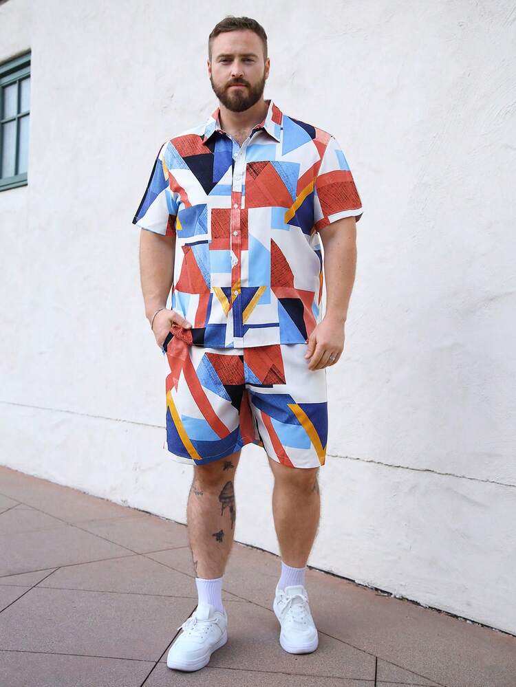 Men's Plus Size Geometric Printed Shirt With Button Front And Shorts Set