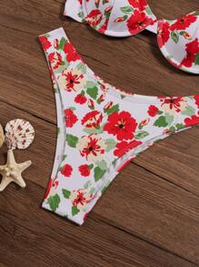 SHEIN Swim Bộ bikini in hoa cho nữ, Bộ bikini hai mảnh đi biển mùa hè - Đỏ và trắng - Xem 6