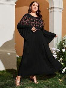 Seusyu In hoa Kích thước lớn Vòng cổ Tay áo chuông Đầm - màu đen - Xem 3