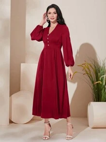 Modelyn 勃艮第红女士 V 领灯笼袖褶皱阿拉伯连衣裙 - 酒紅色 - 查看 3