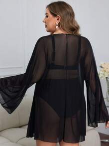 SHEIN Swim Curve 大尺碼女士前扣網紗黑色和服裙,適用於夏季、游泳、沙灘派對 - 黑色 - 查看 2