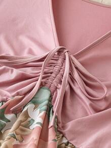 Breezaya 大尺碼女款花卉印花拼接前繫帶連身裙 - 彩色 - 查看 5