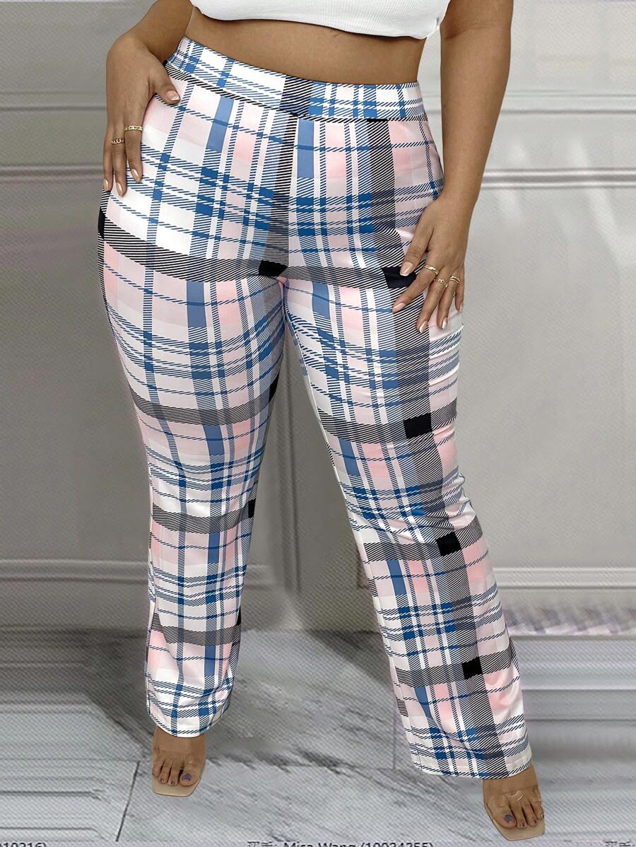 Maweii 大碼格紋印花高腰長褲 - 彩色 - 查看 1