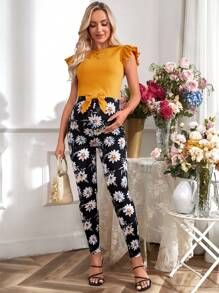 SHEIN Maternity Ruffled Round Neck Top And Adjustable Flower Printed Slim Fit Pants Two-Piece Set, Suitable For Romantic Holiday Spring And Summer - Yellow - View 5