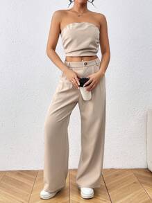 Chiquease Women's Plain Strapless Top And Pocketed Pants Set