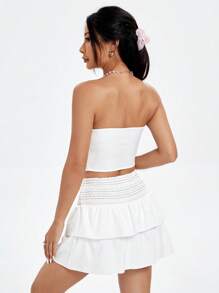 SHEIN Qutie Women's Frill Trim Strapless Top With Contrast Thread & Waistband, And Tiered Skirt Set