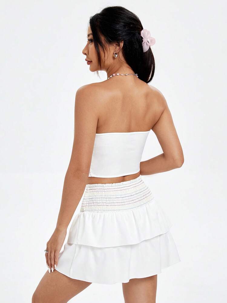 Women's Frill Trim Strapless Top With Contrast Thread & Waistband, And Tiered Skirt Set