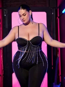 SHEIN SXY 大尺碼音樂節緊身網眼鑲鑽流蘇吊帶背心上衣 - 黑色 - 查看 3