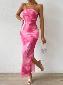 Chiquease Vestido maxi de mujer con hombros descubiertos, abertura alta y efecto ombre - Rosa coral - Ver 4