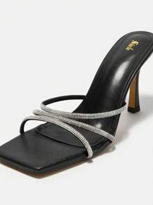 CUCCOO SZL Woman Shoes High-Heeled Sandals With Rhinestone Detailing & Square Toe, Simple Strap Party Shoes For Spring And Summer - Black - View 4