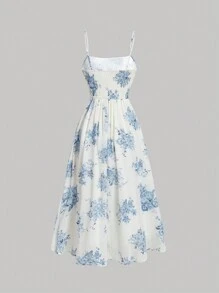 SHEIN MOD Women's Floral Print Frilled Hem Cami Dress,Pastel Dresses For Women