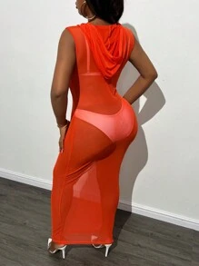 Slaydiva Đầm không tay trùm đầu gợi cảm trong suốt dành cho phụ nữ ngoại cỡ, váy màu cam - trái cam - Xem 2