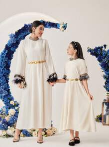 SHEIN Tween Girls' Tassel Sleeve Cuff & Weaving Trim Spliced Dress Modest Dress - White - View 9