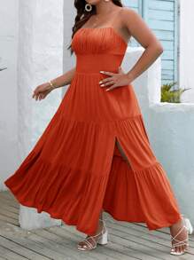 SHEIN VCAY Vestido camisero largo con abertura alta en talla grande y unicolor, para el verano