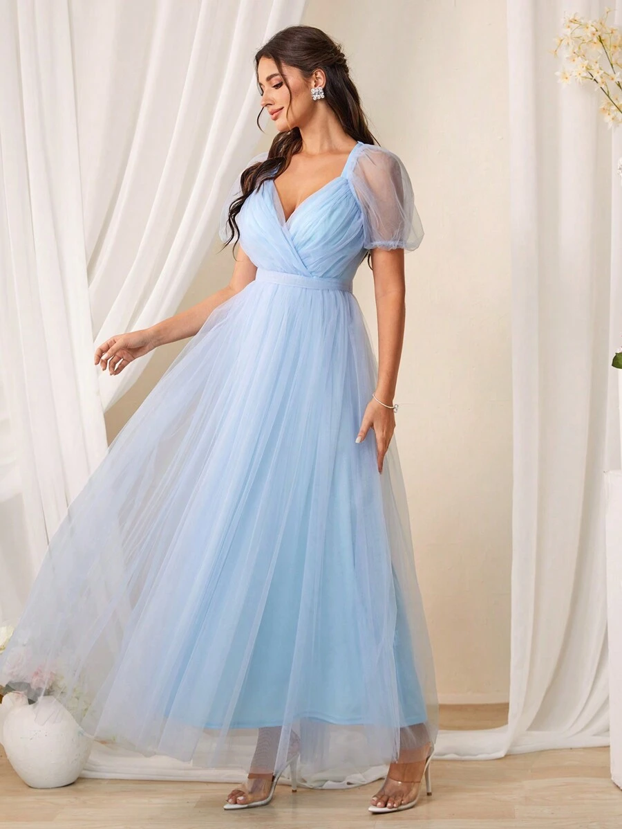 SHEIN Belle Thanh lịch Và Lãng mạn Lưới Váy phù dâu - Màu xanh lam - Xem 1