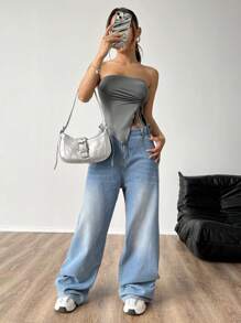 SHEIN EZwear Parte superior tubo con bajo asimétrico y cordón para mujer - Gris - Ver 4