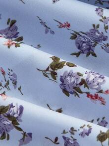 SHEIN MOD Mini Floral Printed A-Line Dress With Square Neckline And Puff Sleeves - Blue - View 4