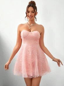 SHEIN Belle 浪漫的3d花卉布料,無肩帶蓬松女式雞尾酒派對裙 - 粉色 - 查看 6