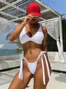 SHEIN Swim 纯色两件套比基尼套装夏季海滩 - 白色 - 查看 7