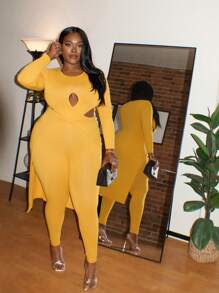Slaydiva Plus Size Hollow Out Long Top And Skinny Pants Two Pieces Set - Yellow - View 3