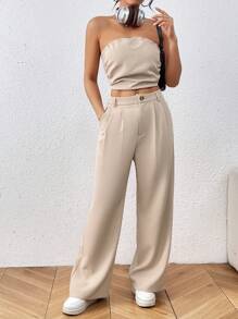 Chiquease Women's Plain Strapless Top And Pocketed Pants Set