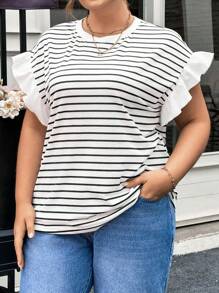 SHEIN Essnce Plus Size Women's New Vacation Casual Commuting Work Striped Splicing Ruffled Short-Sleeved T-Shirt For Summer - Black and White - View 3